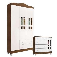 Imagem de Cômoda E Guarda Roupa Infantil Ariel 3 Portas Branco Acetinado Amadeirado - Carolina