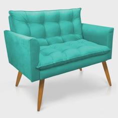 Imagem de Namoradeira 2 Lugares Olivia Suede Azul Turquesa Pés Palito Castanho - Pallazio