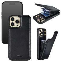 Imagem de OQQE Capa carteira compatível com iPhone 13 Pro Max 17.0 cm 5G [bloqueio RFID] Capa flip de couro genuíno com compartimento para cartão de crédito com 3 compartimentos para cartões, botões duplos, à