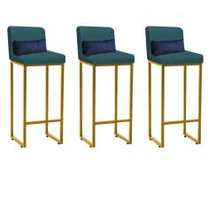 Imagem de Kit 03 Banqueta Alta com Encosto Lucca Industrial Cozinha Balcão Ferro Dourado Suede Azul Turquesa e Almofada Azul Marinho - Ahazzo Móveis