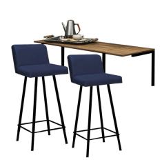 Imagem de Kit Mesa Suspensa de Parede Fixa MDF Rústico + 2 Banquetas Lexi Ferro Preto Corino Azul Marinho - Ahazzo Móveis