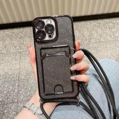 Imagem de Brilhante glitter chapeamento transparente cordão alça porta cartão capa carteira para iPhone 11 12 13 14 Pro XS Max XR 7 8 Plus capa, preta, para iPhone XR