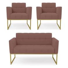 Imagem de Kit 1 Sofá Namoradeira E 2 Poltronas Elisa Veludo Base Metálica Indust