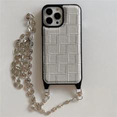 Imagem de Retro crossbody tecido grade treliça padrão trançado capa de couro para iphone 15 plus 14 13 12 11 pro max caso de telefone, prata, para iphone 14