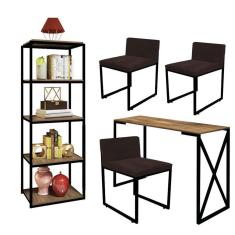 Imagem de Kit Escritório Bex 3 Cadeiras Sintético Marrom com 1 Mesa e 1 Livreiro Ferro Preto MDF Freijó - Ahazzo Móveis