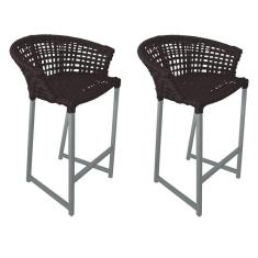 Imagem de Kit 2 Banquetas Reis Em Corda Náutica E Base Em Alumínio Cinza Para área Gourmet Externa Marrom