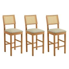 Imagem de Conjunto 3 Banquetas Jade 03 Madeira Maciça Jcm Encosto Rattan E Linho Bege