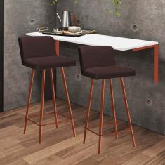 Imagem de Kit Mesa Suspensa de Parede Fixa MDF Branco + 2 Banquetas Lexi Ferro Bronze Suede Marrom - Ahazzo Móveis