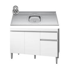 Imagem de Balcão Gabinete Com Pia Inox 120cm 3 Portas e 1 Gaveta Tatiane Branco - ajl Móveis