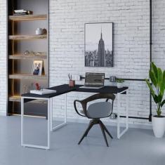 Imagem de Mesa de Escritório em L Estilo Industrial 120x150cm Kuadra Preto Ônix/Est.Branca