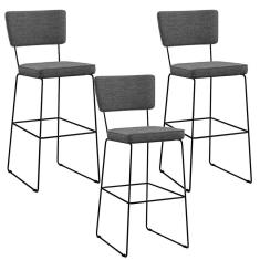 Imagem de Kit 03 Banquetas Alta Para Cozinha Sala Base Em Aço Fixa Allana L02 Linho Cinza Escuro - Lyam Decor