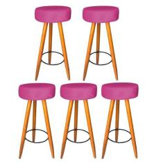 Imagem de Kit 05 Banqueta Alta Flora Pés Palito Em Madeira Caramelo  Bar Bistrô
