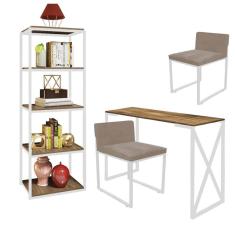 Imagem de Kit Escritório Bex 2 Cadeiras Corino Bege com 1 Mesa e 1 Livreiro Ferro Branco MDF Imbuia - Ahazzo Móveis