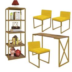 Imagem de Kit Escritório Bex 3 Cadeiras Suede Amarelo com 1 Mesa e 1 Livreiro Ferro Dourado MDF Caramelo - Ahazzo Móveis