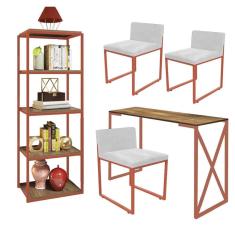 Imagem de Kit Escritório Bex 3 Cadeiras Corino Branco com 1 Mesa e 1 Livreiro Ferro Bronze MDF Caramelo - Ahazzo Móveis