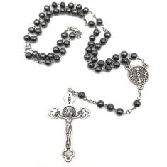 Imagem de Colar Terço Pescoço Medalha São Bento Hematita Prata Velha 6mm