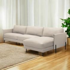 Imagem de Sofá Decorativo Karine 5 Lugares Sala de estar 300cm com Chaise Pés em Aço Couro Bege G88 - Gran Belo