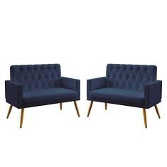 Imagem de Kit 2 Poltronas Namoradeiras Decorativas Nina Com Rodapé E Botões Capitonê Suede  Marinho Aradecor