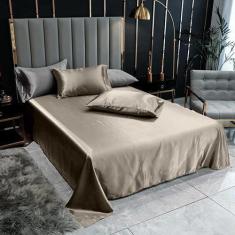 Imagem de Lençol Superior Casal Padrão Com 2 Fronhas Cetim Seda Bege - Confecçõe