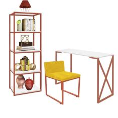 Imagem de Kit Escritório Bex 1 Cadeira Suede Amarelo com 1 Mesa e 1 Livreiro Ferro Bronze MDF Branco - Ahazzo Móveis