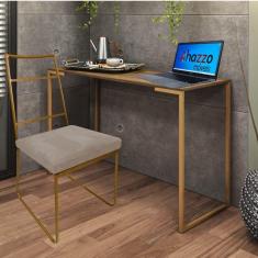 Imagem de Kit Escritório Stark Cadeira e Mesa Industrial Ferro Dourado Tampo MDF Freijó Sintético Bege - Ahz Móveis