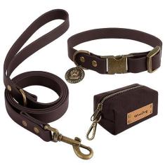 Imagem de Wisedog Conjunto de coleira e coleira para cães: coleiras ajustáveis para animais de estimação com trelas para cães pequenos, médios e grandes, inclui 1 bônus de suporte de bolsa de cocô (gola: 25,4