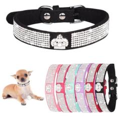 Imagem de Teleyi Coleira de cachorro, coroa XS coleira para cães strass deslumbrante cintilante couro macio coleira de gato diamante cristal coleira de cachorro de estimação pequeno grande PPP preto