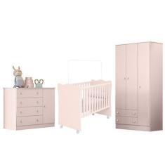 Imagem de Jogo De Quarto Doce Sonho Guarda Roupa, Berço E Cômoda Sapateira Rosa
