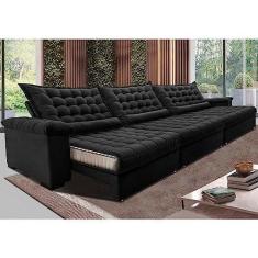 Imagem de Sofá Retrátil e Reclinável 3,85m Molas Ensacadas Cama Inbox Big Space com Bordado 3d Velusoft Preto