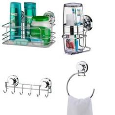 Imagem de Kit Porta Shampoo + Porta Escova De Dente + Suporte 6 Ganchos + Toalheiro Argola 18 Cm Ventosa