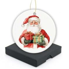 Imagem de Lembrança de enfeite de Natal 2024, Papai Noel com enfeites de presente com caixa de presente, ornamento de cerâmica redondo para decoração de árvore de Natal, adorável para família e amigos