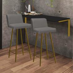 Imagem de Kit Mesa Suspensa de Parede Fixa MDF Preto + 2 Banquetas Lexi Ferro Dourado Corino Cinza - Ahazzo Móveis