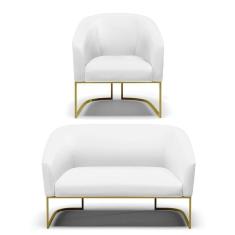Imagem de Sofá Namoradeira E Poltrona Base Industrial Dourado Stella Corino Branco D03 - D`rossi