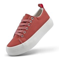 Imagem de nzzoo Tênis feminino de caminhada com plataforma alta respirável com cadarço tênis feminino confortável casual, Vermelho com branco, 34