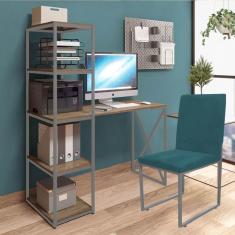 Imagem de Kit Escritório Mesa Max BeX 5 Prateleiras e Cadeira Stan Cinza Tampo Madeira Suede Azul Turquesa - Ahz Móveis