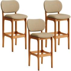 Imagem de Kit 3 Banquetas Alta Bar Cozinha Sala Jantar Fixa Betta L02 Imbuia Linho Bege Escuro - Lyam Decor