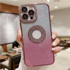 Imagem de Para iPhone 15 Pro Max Revestimento de luxo Gradual Flash Diamond Frame Capa de telefone para iPhone 11 12 13 14 15 Plus Capa protetora de lente, capa revestida rosa, para 15 Pro Max