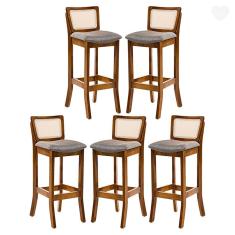 Imagem de Kit 5 Banquetas em Madeira com Encosto Rattan Portugal Estofado Linho Cinza L55 RMI