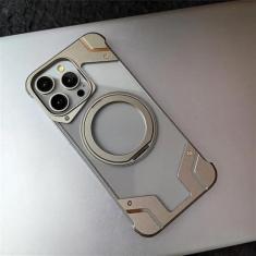Imagem de Capa de telefone sem aro de liga de alumínio magnética para iPhone 14 13 15 Pro Max com suporte de anel magnético Capa à prova de choque de acrílico transparente, cinza titânio, para iPhone