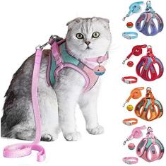 Imagem de JSXD Arnês para gatos, conjunto de coleira e coleira, colete à prova de fuga para caminhar, peitoral seguro para a noite com alça refletiva e sino para gatinho pequeno e grande, adequado para filhotes, coelho