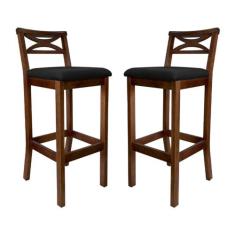 Imagem de Kit 2 Banquetas Alta Estofada 38x103Cm Ilha Encosto Madri Madeira Maciça Castanho Suede Preto CCS
