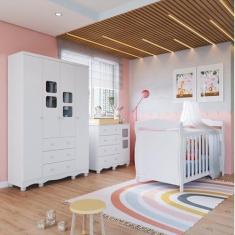 Imagem de Quarto de Bebê com Guarda Roupa e Cômoda com Janelas e Berço Americano Nina 100% Mdf Espresso Móveis Branco Brilho