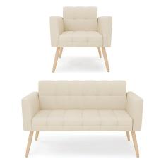 Imagem de Kit 1 Sofá Namoradeira E 1 Poltrona Elisa Linho Bege A19 Pés Palito Natural - D`rossi