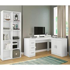 Imagem de Conjunto Home Office Escrivaninha com Armário Embutido 2 Portas 3 Gavetas e Estante Bagé Politorno Branco