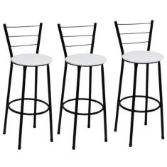 Imagem de Kit 3 Banquetas Alta Preta com Encosto Assento Branco Jaddi