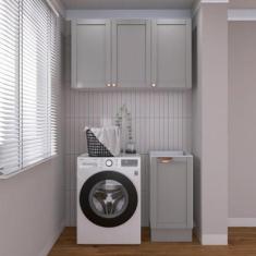 Imagem de Lavanderia Modulada 2 Peças sem Tampo 1 Armário Aéreo 3 Portas 1 Balcão Cabecasa Madeiramadeira Cinza/branco