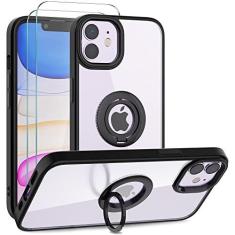 Imagem de Jasmeas Capa para iPhone 11, capa transparente com design de borda colorida [2 peças protetoras de tela] capa protetora à prova de choque com suporte de anel giratório, capa protetora traseira rígida