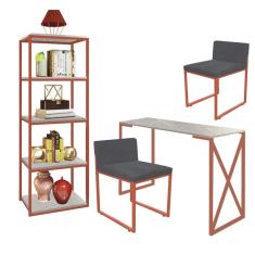 Imagem de Kit Escritório Bex 2 Cadeiras Suede Cinza com 1 Mesa e 1 Livreiro Ferro Bronze MDF Marmorizado Cinza - Ahazzo Móveis