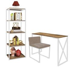 Imagem de Kit Escritório Bex 1 Cadeira Suede Bege com 1 Mesa e 1 Livreiro Ferro Branco MDF Caramelo - Ahazzo Móveis