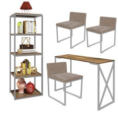 Imagem de Kit Escritório Bex 3 Cadeiras Suede Bege com 1 Mesa e 1 Livreiro Ferro Cinza MDF Freijó - Ahazzo Móveis